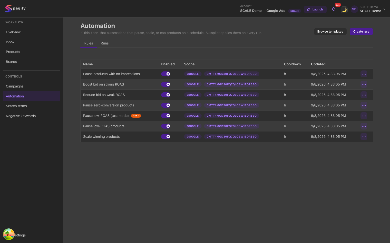 Spagify Automation page with product-level rules, their scope, cooldown and enable toggles
