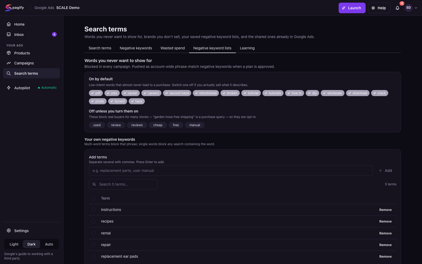 Spagify Search terms, Negative keyword lists tab: low-intent words on by default, opt-in words, and the store's own negative keywords