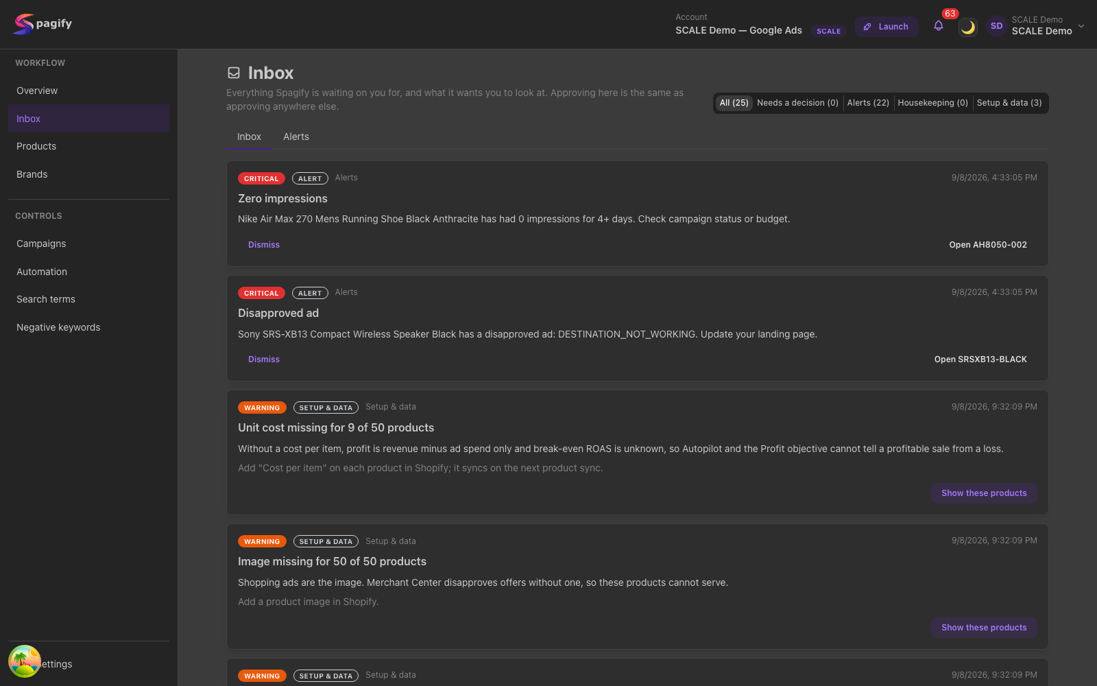 Spagify Inbox listing proposed changes and alerts waiting for a decision