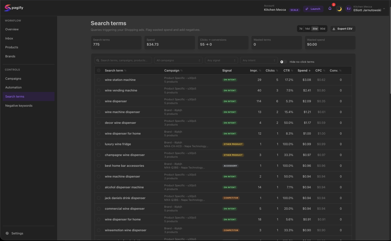 Spagify Search terms report with AI intent labels per query and a wasted-spend summary